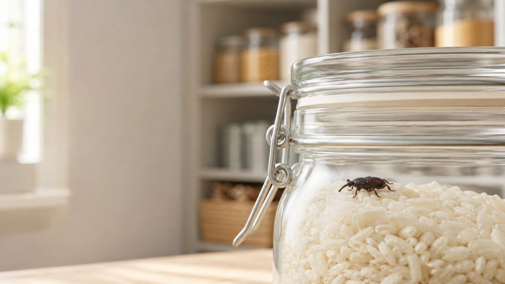 Charançon du riz brun sur des grains de riz dans un bocal hermétique, illustrant la prévention des infestations alimentaires.