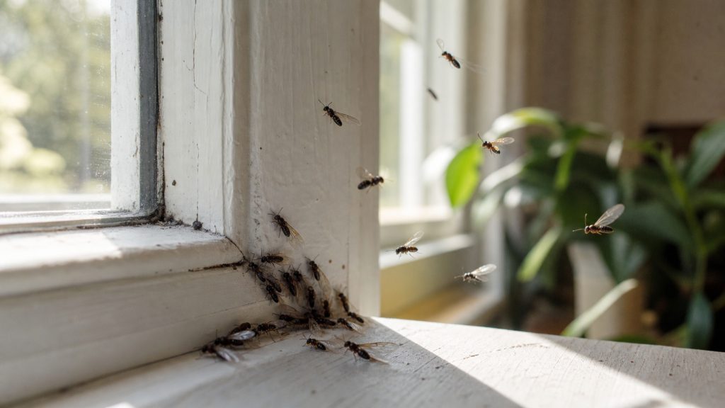 Fourmis volantes regroupées sur le rebord intérieur d’une fenêtre dans une maison lumineuse