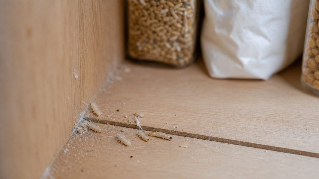 Petites larves blanches segmentées visibles sur une étagère en bois dans un placard de cuisine, près de farine et de fines traces soyeuses.