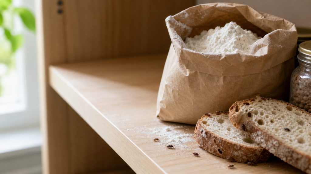 Vrillette du pain visible sur des tranches de pain et près d’un sac de farine ouvert, signes d’une infestation dans un placard de cuisine.