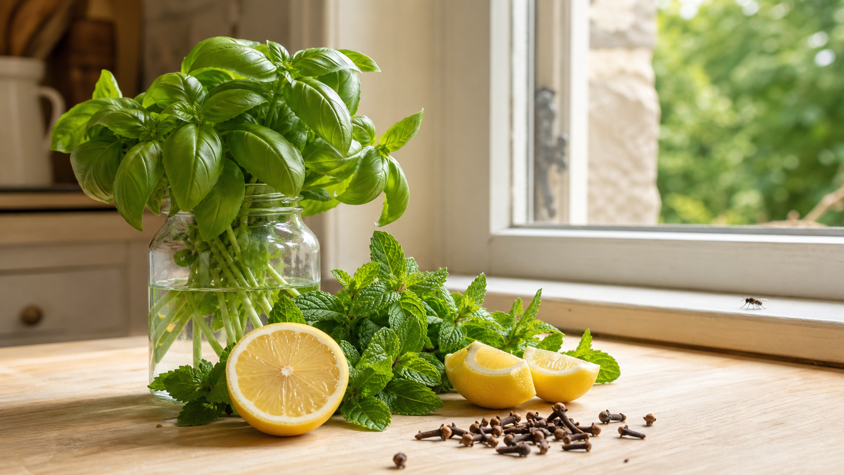 Basilic, menthe, citron et clous de girofle près d’une fenêtre pour éloigner naturellement les mouches