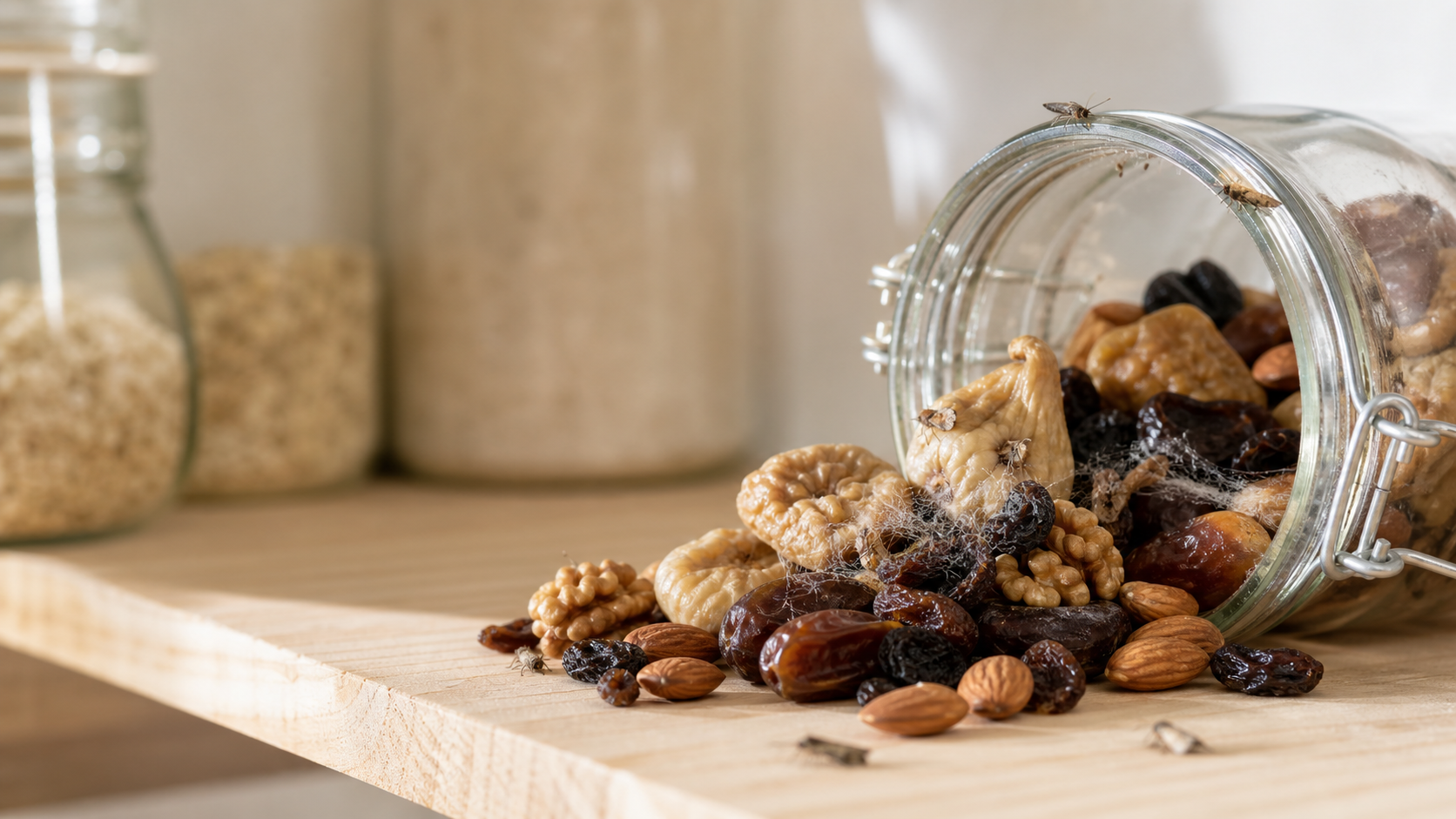 Teignes alimentaires près de fruits secs, noix et amandes dans un bocal en verre sur une étagère de cuisine.