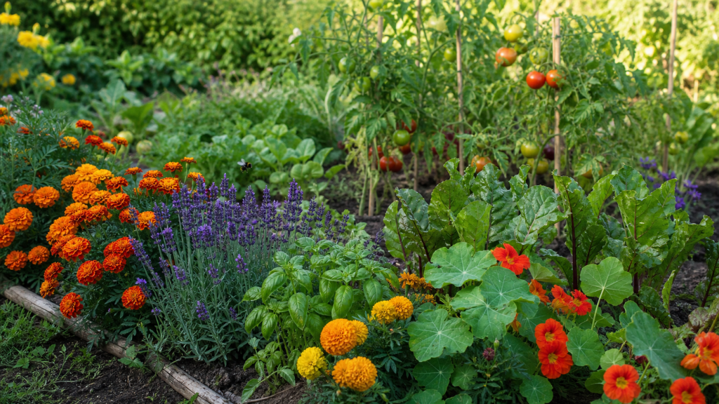 Barrière naturelle anti-insectes composée de fleurs et plantes compagnes autour d’un potager sain.