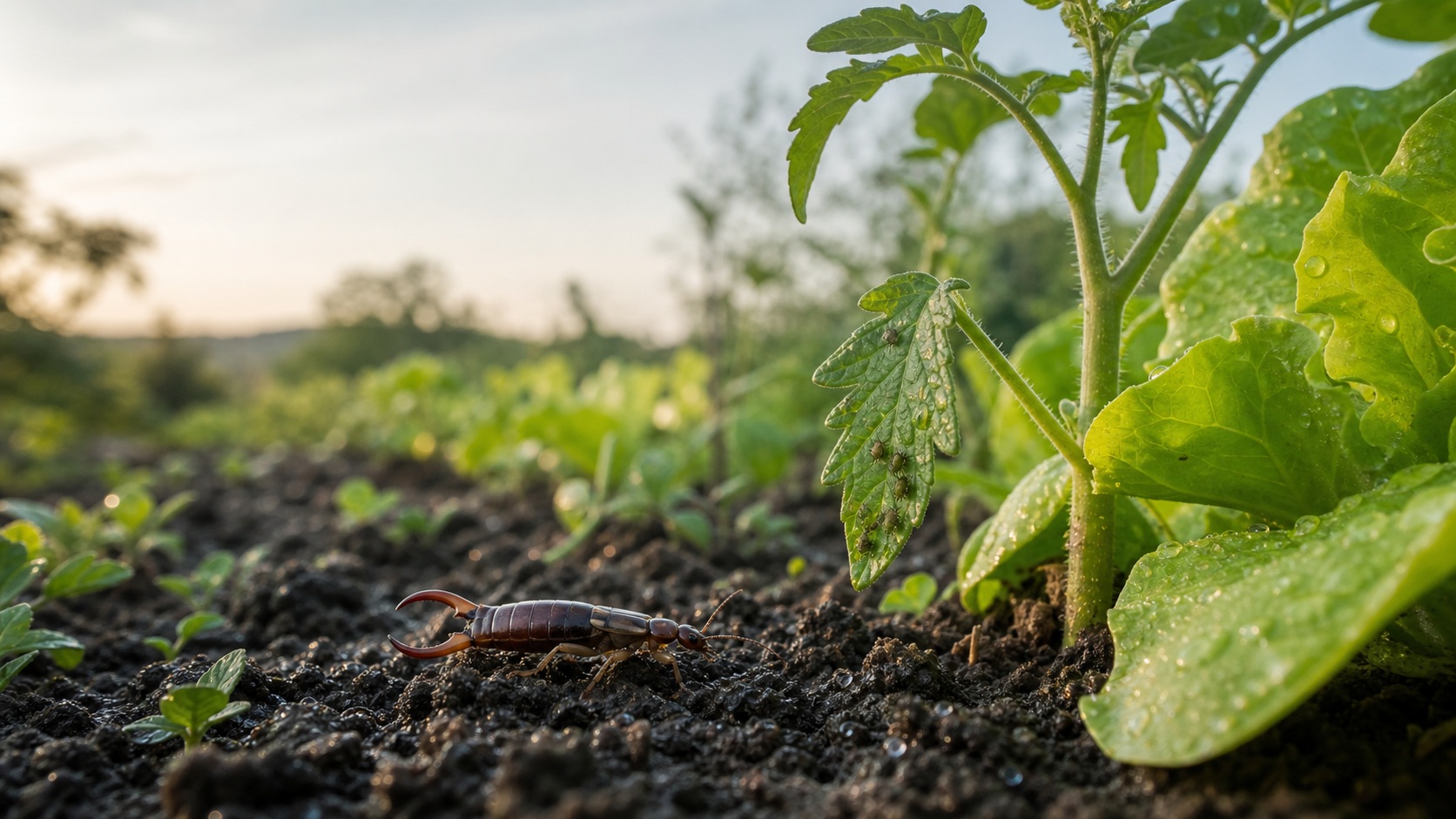 Forficule brun dans un potager au pied d’un plant de tomate et de feuilles couvertes de rosée.
