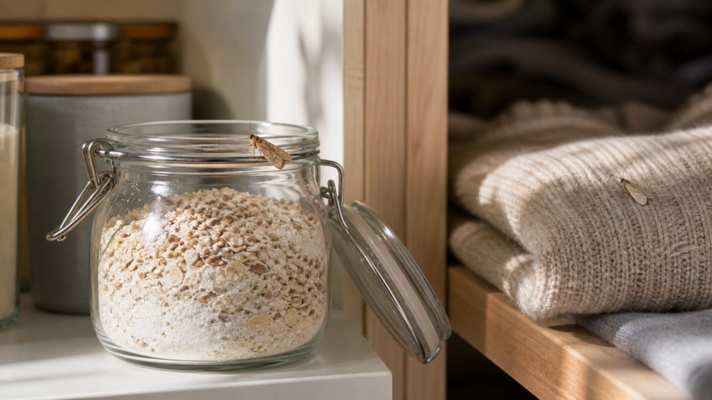Mite alimentaire sur un bocal de céréales et mite textile sur un pull en laine, illustrant leurs habitats distincts.