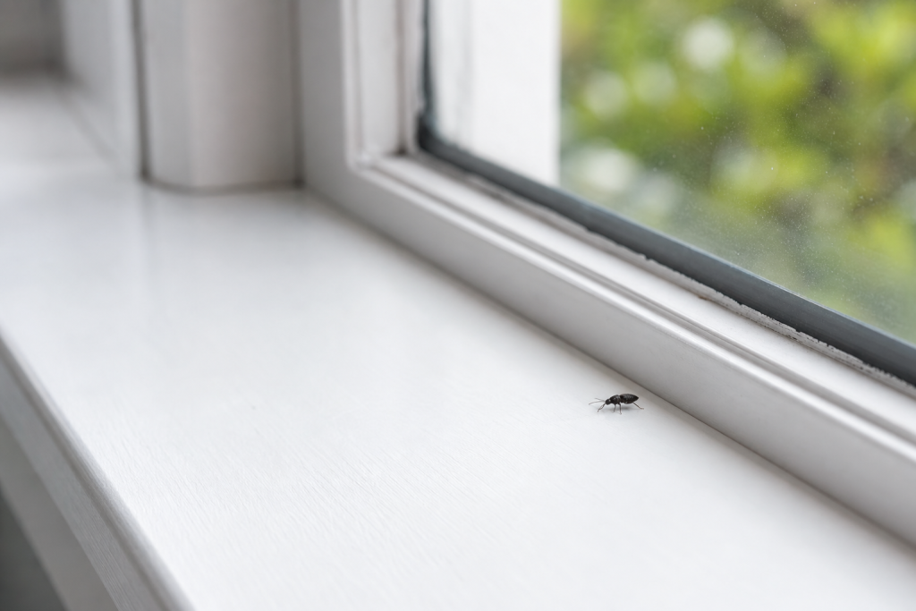 Insecte minuscule noir posé sur un rebord de fenêtre blanc, éclairé par la lumière naturelle.