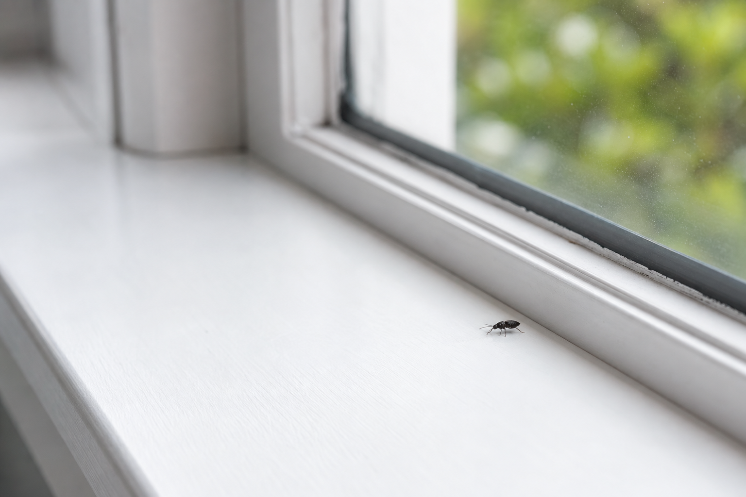 Insecte minuscule noir posé sur un rebord de fenêtre blanc, éclairé par la lumière naturelle.