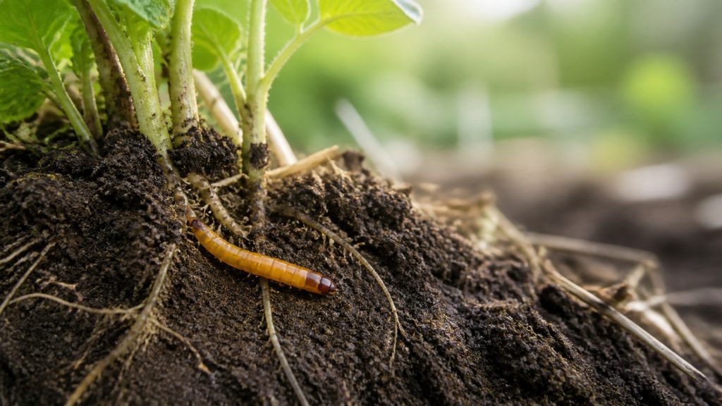 Larve de taupin jaune ambré identifiable dans la terre humide au pied d’un jeune plant de pomme de terre au potager