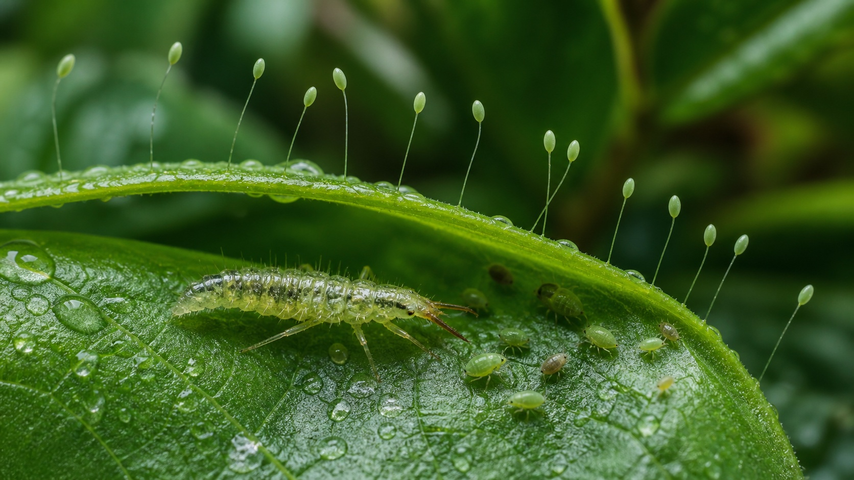 Œufs de chrysope sur leurs fins pédicelles et larve de chrysope sur une feuille dans un jardin