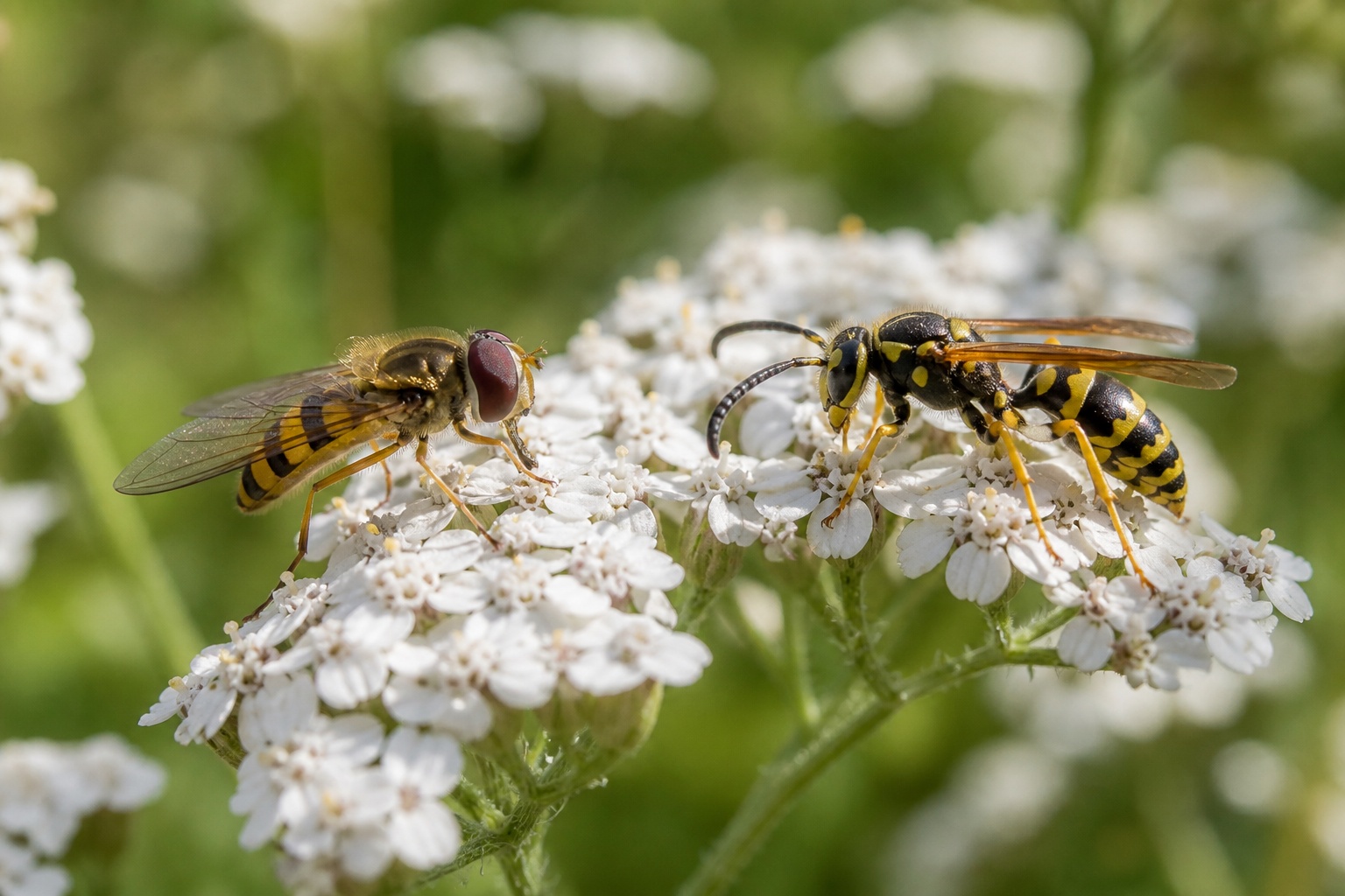 Syrphe et guêpe posés sur des fleurs d’achillée, montrant leurs différences physiques faciles à observer